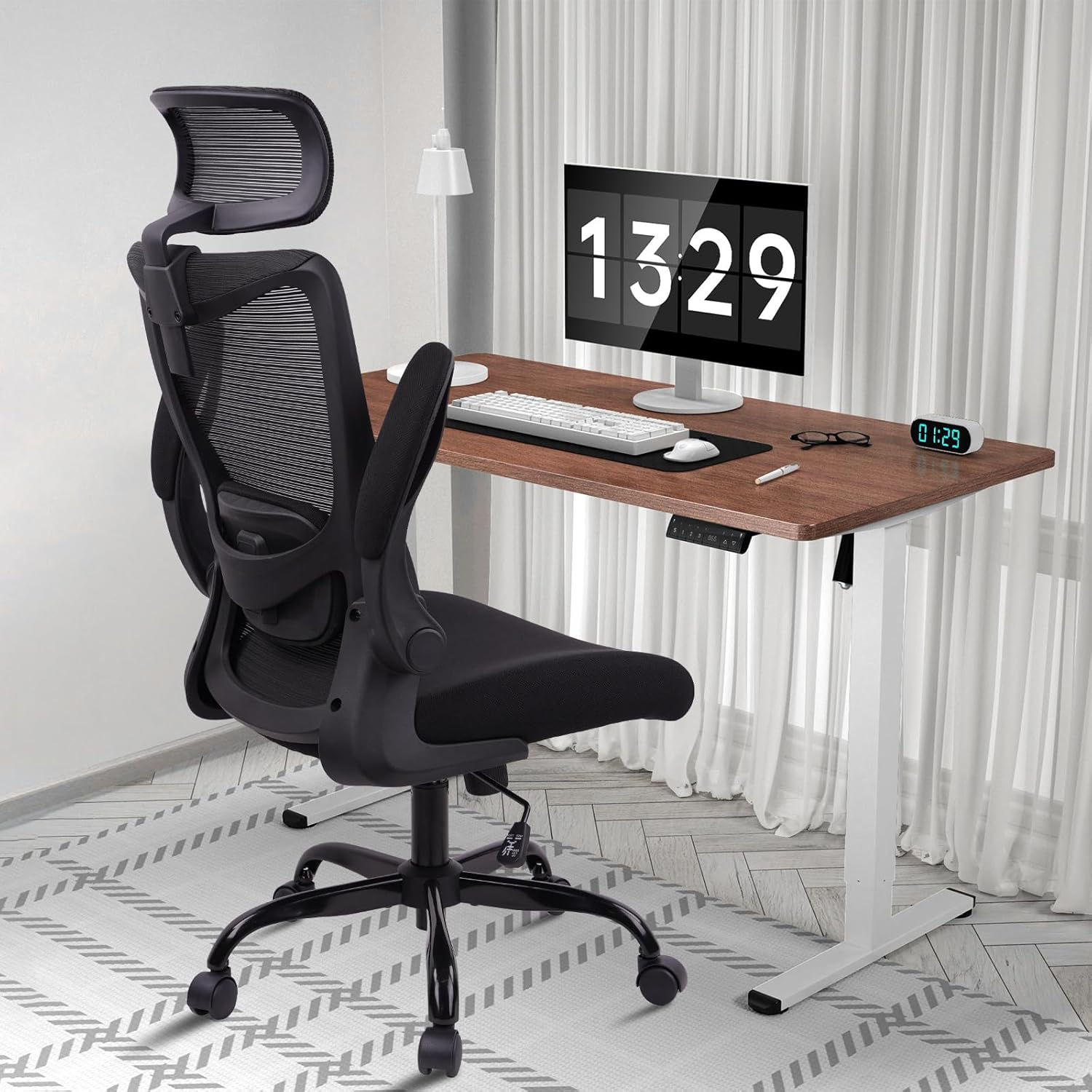 CLATINA Heavy Duty Ergonomic Mesh Office Chair 400LBS, Big and Tall Desk Chair with Adjustable Lumbar Support & Headrest, Flip Up Padded Arms, High Back Computer Chair for Home Office, Black, 8 Pack
