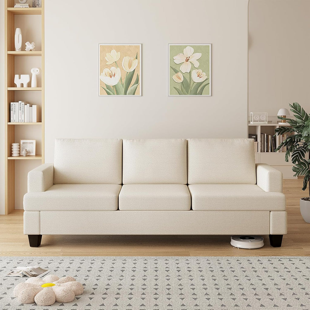 Furnimart 85 inch Deep Seat Sofa, Modern 3 Seater Couch, Beige Linen Sofa, Comfy Cloud Couch for Living Room, Cozy Fluffy Sofas with Removable Sofa Cover, Small Couches for Small Spaces