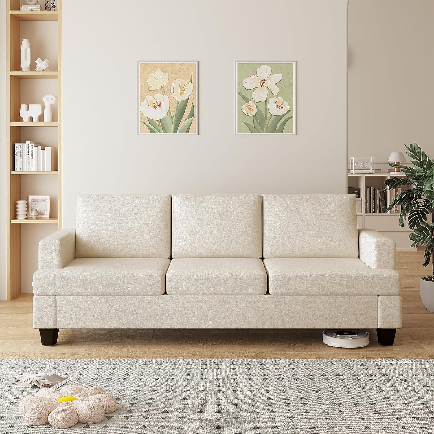 Furnimart 85 inch Deep Seat Sofa, Modern 3 Seater Couch, Beige Linen Sofa, Comfy Cloud Couch for Living Room, Cozy Fluffy Sofas with Removable Sofa Cover, Small Couches for Small Spaces