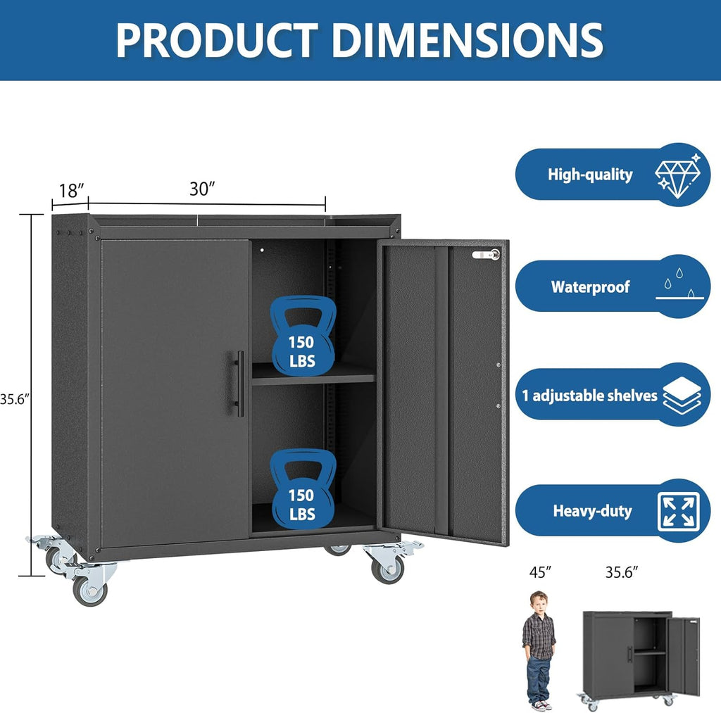 Metal Garage Storage Cabinet with Wheels, Tall Locking Cabinet with Doors and Shelves, Tool Storage Cabinets for Garage, Home Office (Black,35.6" H)
