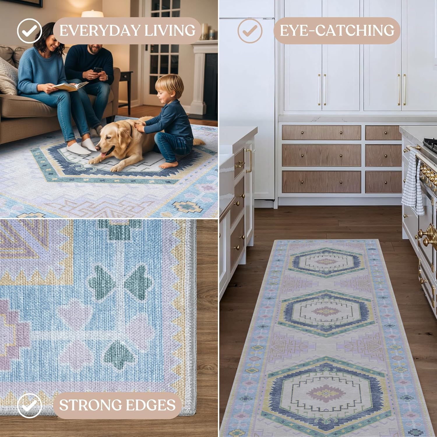 Fame Living Washable Area Rug. Modern Farmhouse. Vintage. Turkish. Bohemian. Distressed. Oriental. Traditional. Rugs for Living Room. Dining. Bedroom. Office. Entryway. Foyer. (856PBl, 9'5" x 14')