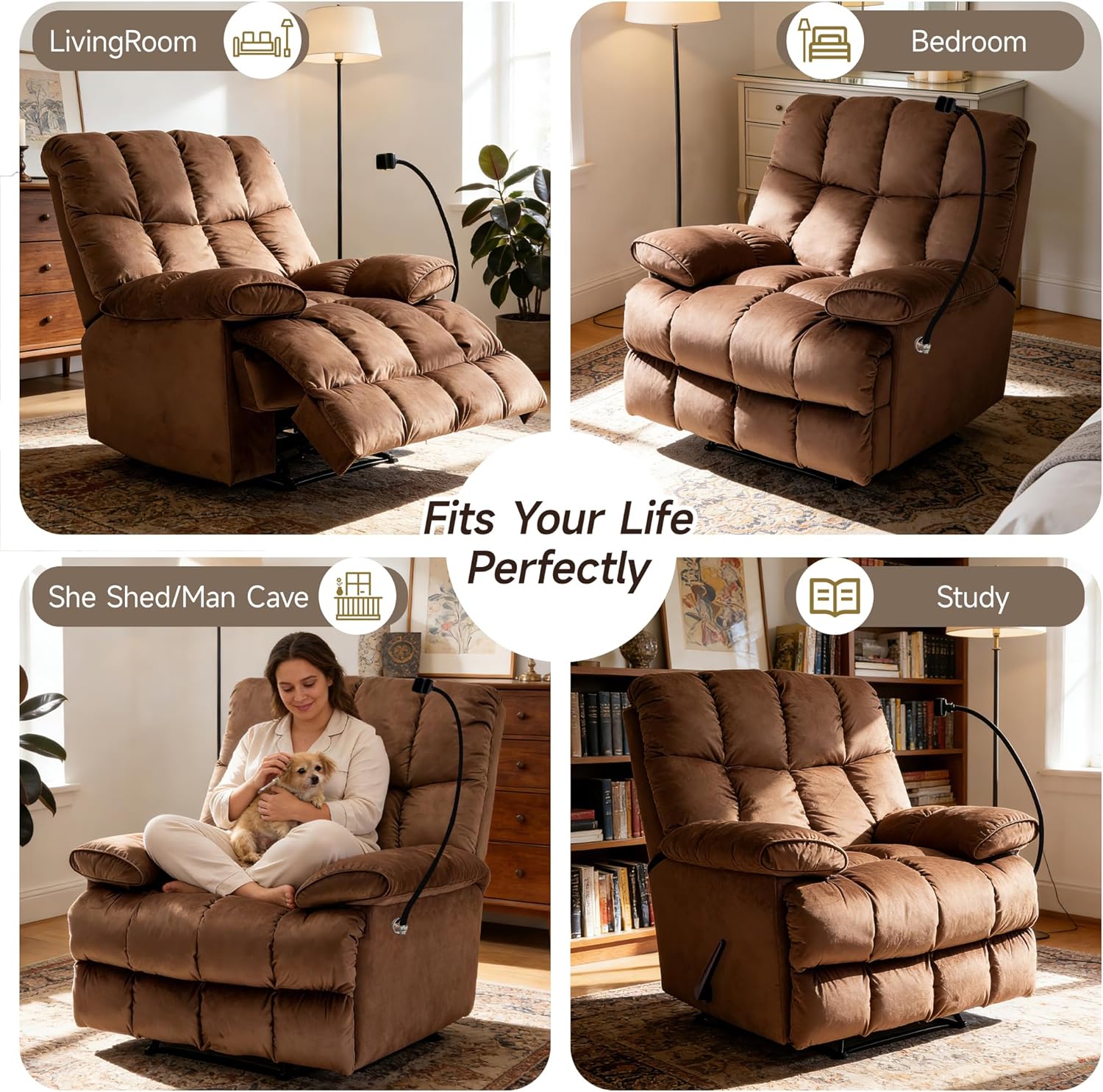 Euthymia Oversized Recliner Chair, Heavy Duty Recliner Chairs for Adults 400LBS, Large Recliner Chair, Extra Wide Recliners for Living Room, Brown