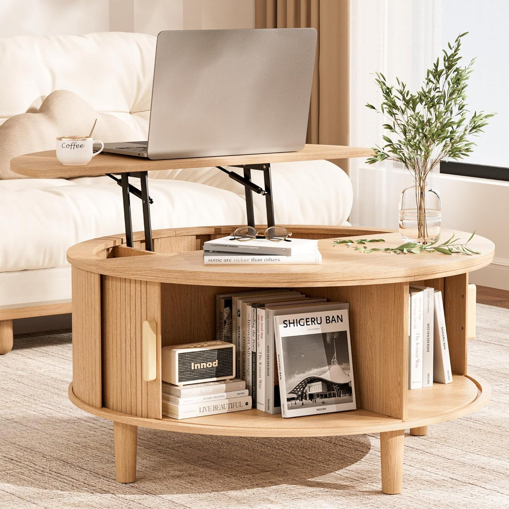 INNOD Round Coffee Table Lift Top with Storage, Fluted Drum Coffee Table for Living Room, Mid Century Modern Oak Wood Round Coffee Table with Sliding Tambour Door, Center Table (Boho Light Oak)