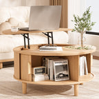 INNOD Round Coffee Table Lift Top with Storage, Fluted Drum Coffee Table for Living Room, Mid Century Modern Oak Wood Round Coffee Table with Sliding Tambour Door, Center Table (Boho Light Oak)