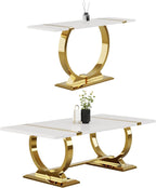 Asday 2 Pieces Modern Living Room Table Set, Wood Coffee Table and Console Table with U-Shape Golden Metal Frame, White and Gold