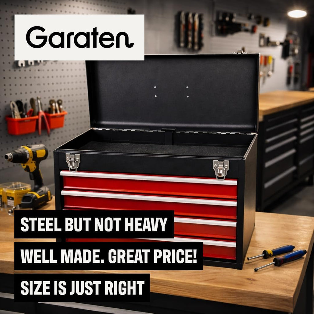 4-Drawer Tool Box with Drawers - Portable Metal Tool Box for Mechanics - Heavy Duty Steel Tool Chest with Locking Latches and Top Storage Compartment, Red/Black