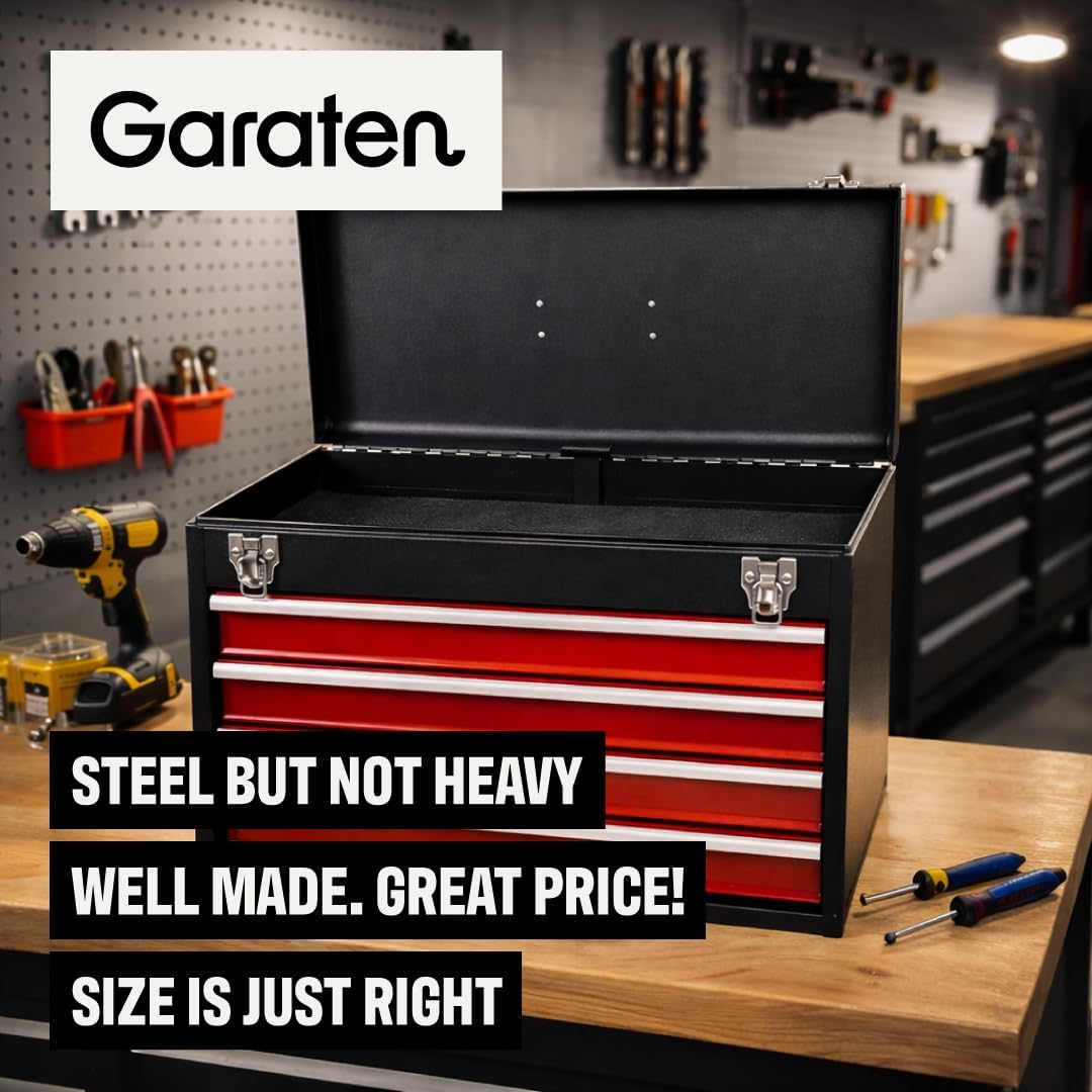 4-Drawer Tool Box with Drawers - Portable Metal Tool Box for Mechanics - Heavy Duty Steel Tool Chest with Locking Latches and Top Storage Compartment, Red/Black