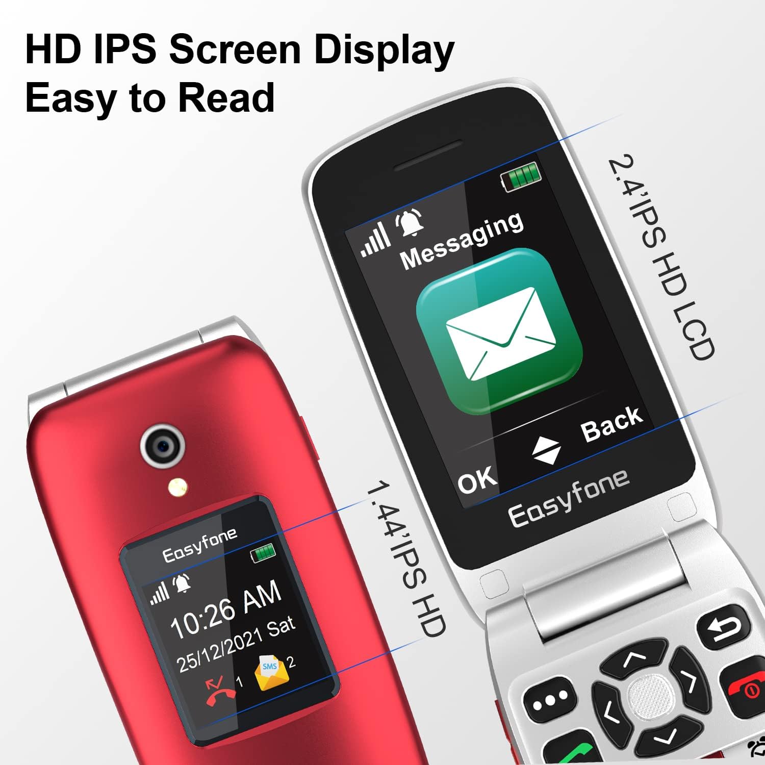 Easyfone Prime-A1 Pro Unlocked 4G Flip Cell Phone for Seniors | Easy-to-Use | Big Buttons | Clear Sound | SOS & Block Button | Photo Speed Dial | SIM Card Included and Charging Dock (Red)