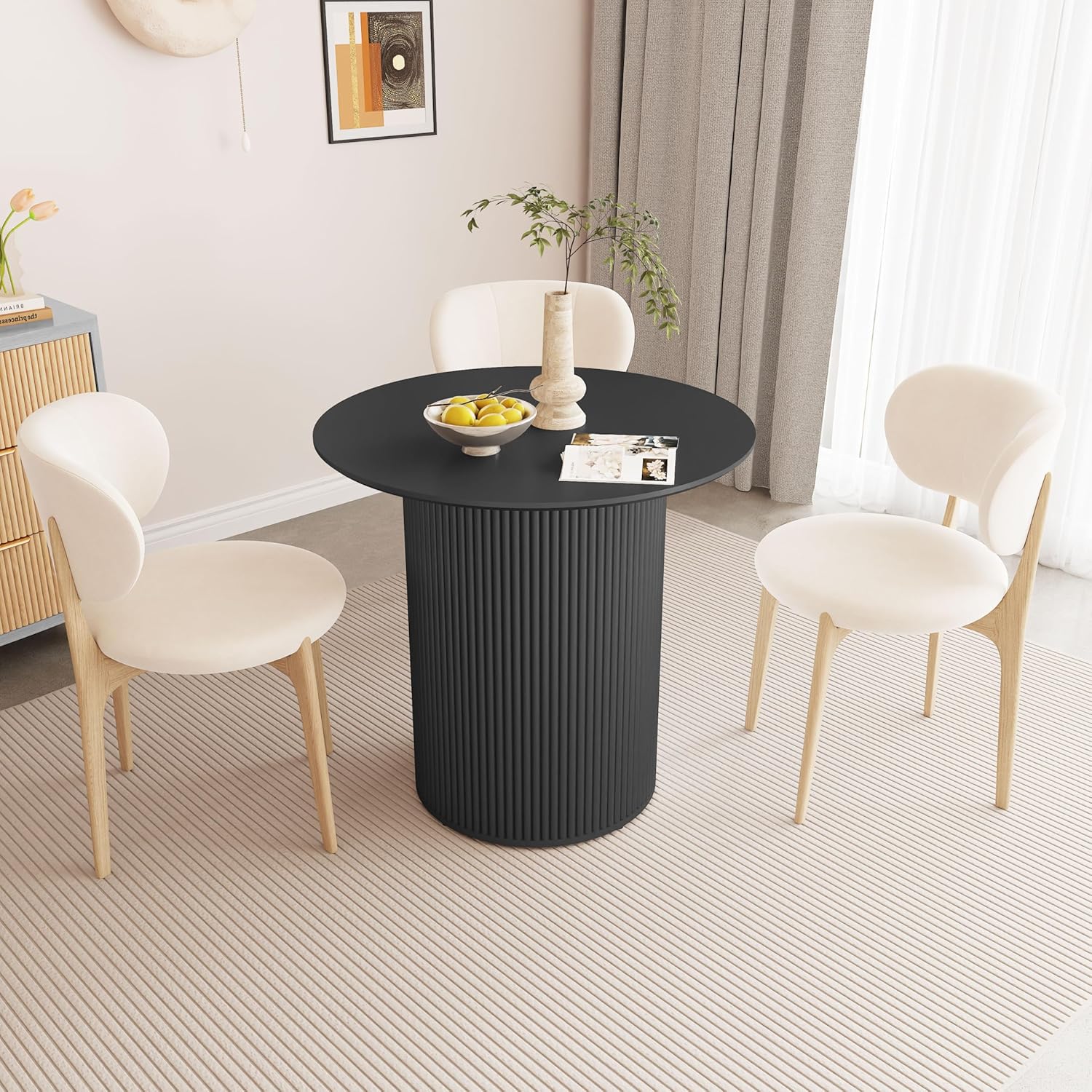 31.5" Black Round Dining Table for 2, Sturdy and Durable Round Wood Dining Table with Fluted Base, Simple Setup Small Kitchen Table for Living Dining Room Office (Black)