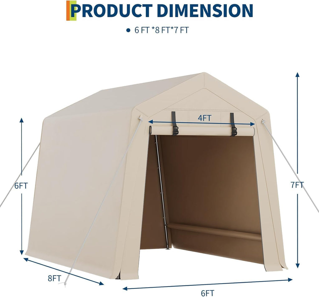 6x8 FT Portable Outdoor Storage Shelter Shed with Roll-Up Zippered Door, Heavy-Duty Waterproof and UV-Resistant Carport Tent, Suitable for Storing Motorcycles, Bicycles, Lawn Mower, Tools Khaki