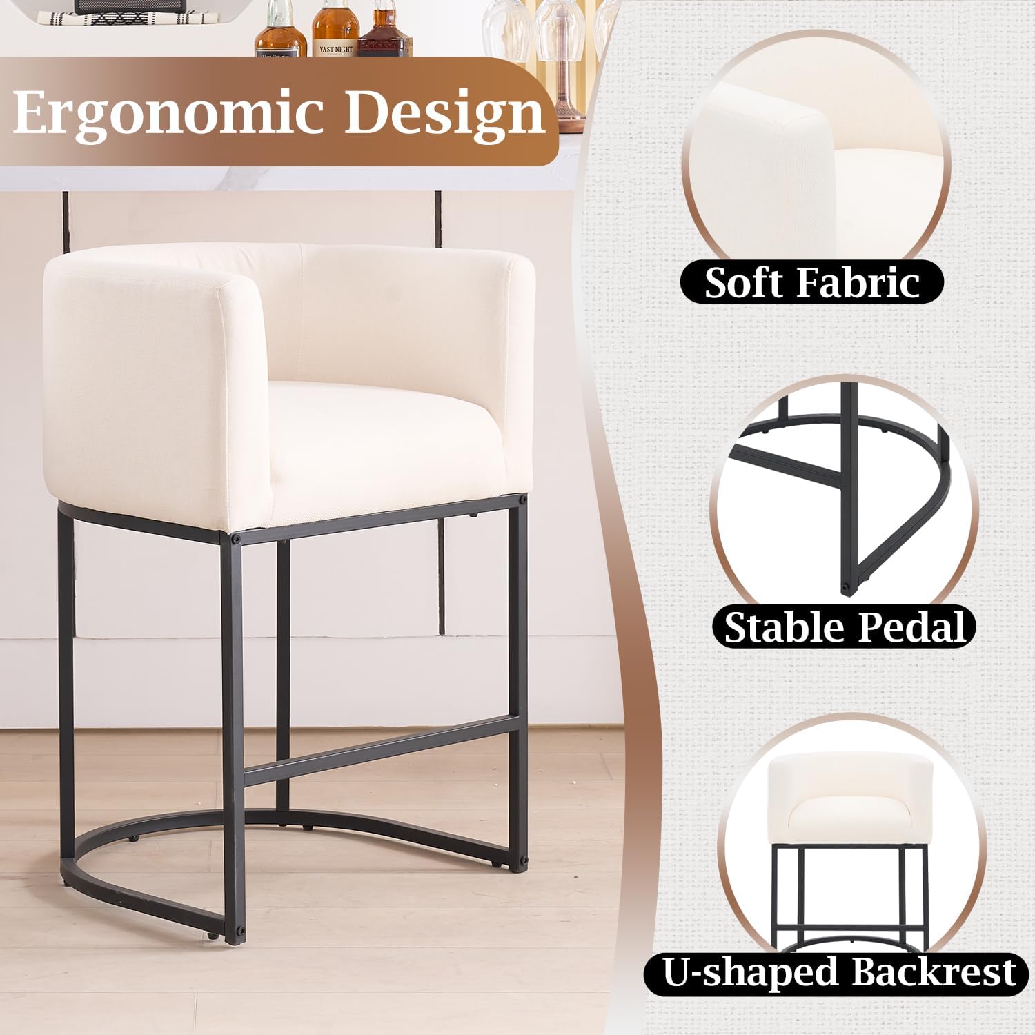 ClinQ 26" H Counter Height Bar Stools Set of 4, Modern Barrel Counter Stools with Backrest and Arms, Black Metal Frames,Linen Fabric Upholstered Accent Barstools for Kitchen Island,Beige
