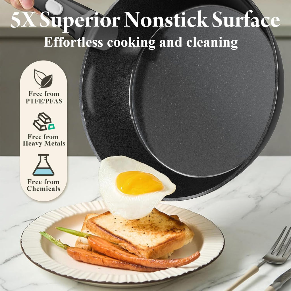 Bazova 19 Pcs Pots and Pans Set Non Stick Ceramic Cookware Set with Removable Handles, Non Toxic Induction Kitchen Cookware Sets RV Cookware,Dishwasher/Oven Safe PFAS/PTFE/PFOA Free,Black
