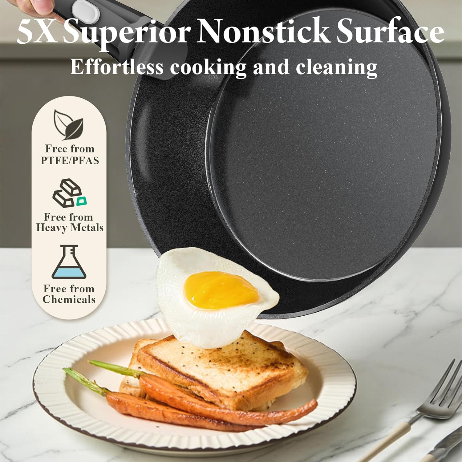 Bazova 19 Pcs Pots and Pans Set Non Stick Ceramic Cookware Set with Removable Handles, Non Toxic Induction Kitchen Cookware Sets RV Cookware,Dishwasher/Oven Safe PFAS/PTFE/PFOA Free,Black