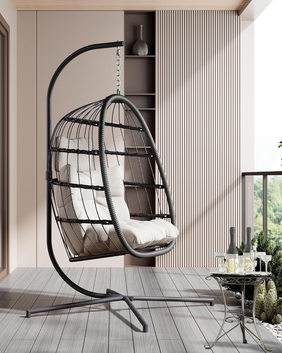 FREDEES Egg Swing Chair with Stand, Outdoor Hanging Egg Chair with Cushion for Patio/Porch/Balcony/Indoor (Beige)