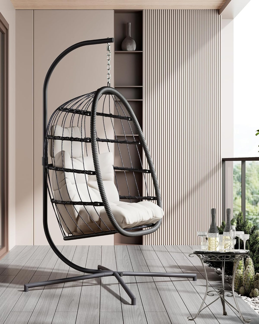 HWB Hanging Egg Chair with Stand, Patio Wicker Egg Swing Chair with Cushion for Bedroom Garden Indoor Outdoor (Beige)