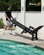 Chaise Lounge Outdoor, Lounge Chair Outdoor with Wood Texture, Adjustable 5-Position Backrest, HDPE Lounge Chair with Wheels & Cup Holder for Pool Deck Backyard, Black
