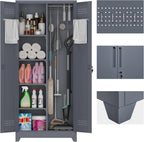 73" H Garage Storage Cabinet,Broom Closet Storage Cabinet with Adjust Shelves,Utility Cabinet,Utility Closet for Garage,Office,Gray