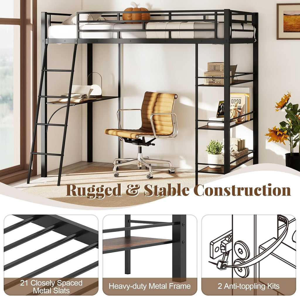 Giantex Twin Size Loft Bed with Desk & Shelves, Metal Bed Frame with Inclined Ladder & Full-Length Guardrails, High Loft Bed for Kids, Teens, Home, Dorm, Apartment, No Box Spring Needed