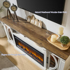 Crescent TV Stand with Fireplace for up to 80 Inch TV, LED Entertainment Center with 36 Inch Electric Fireplace, Farmhouse TV Console Table w/Glass Door for Living Room, Antique White