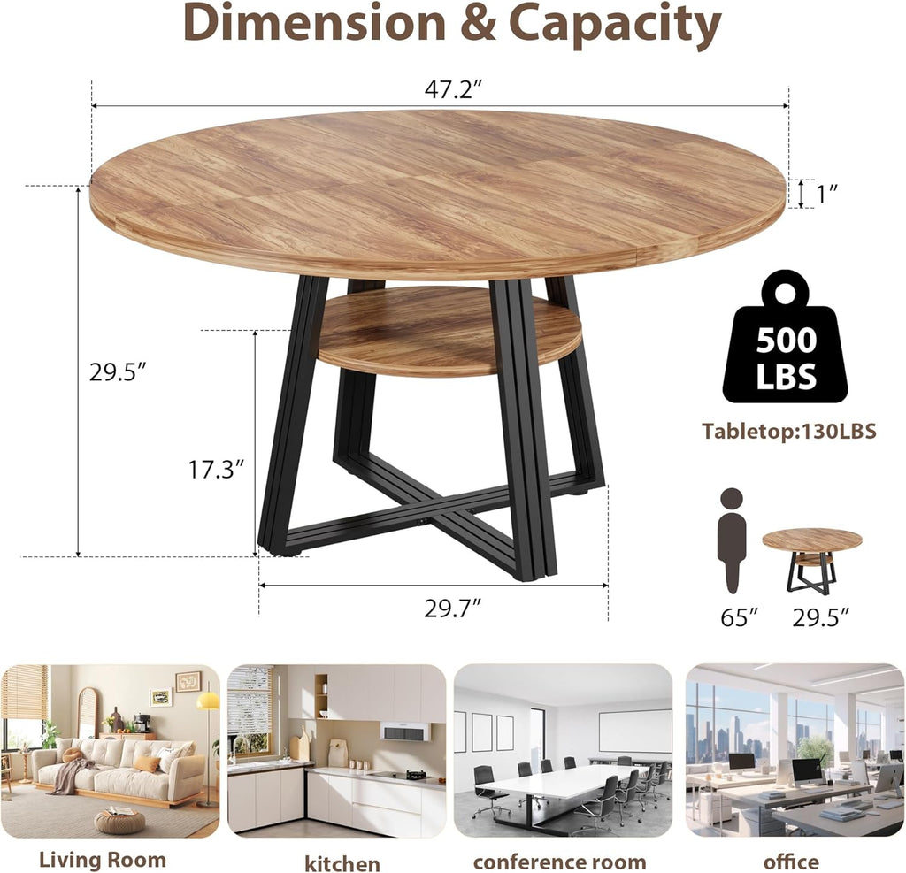 GarveeHome 47 Inch Round Dining Table for 4-6, Farmhouse Pedestal Kitchen Table with Storage Shelf, Space-Saving Circle, for Kitchen, Dining Room, Living Room, Apartment, Table Only- Retro