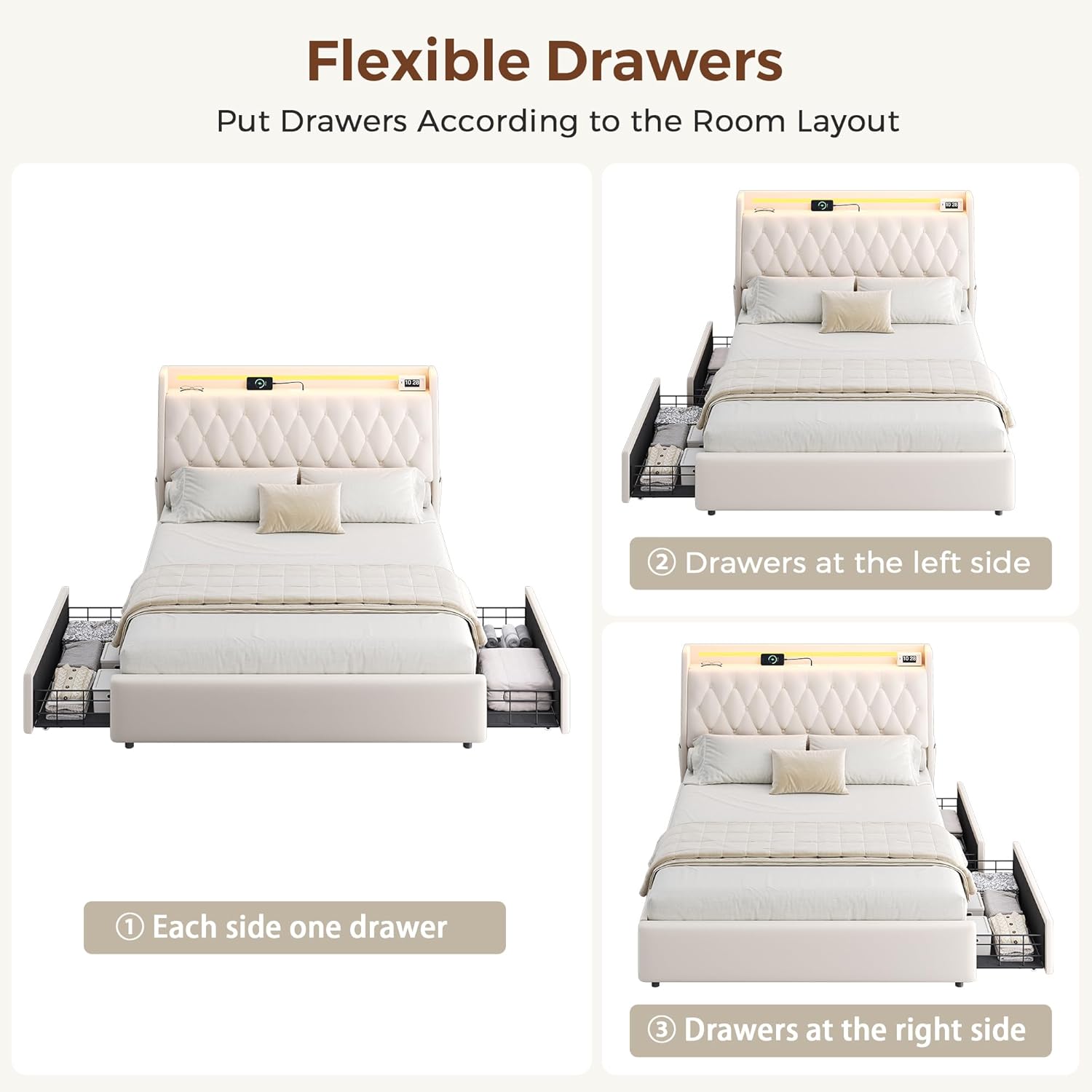 Queen LED Velvet Bed Frame with 2 Storage Drawers&Hidden Headboard, Upholstered Platform Bed with Charging Station&Button Tufted Design, Wooden Slats Support, Box Spring Optional, Easy Assembly, Beige