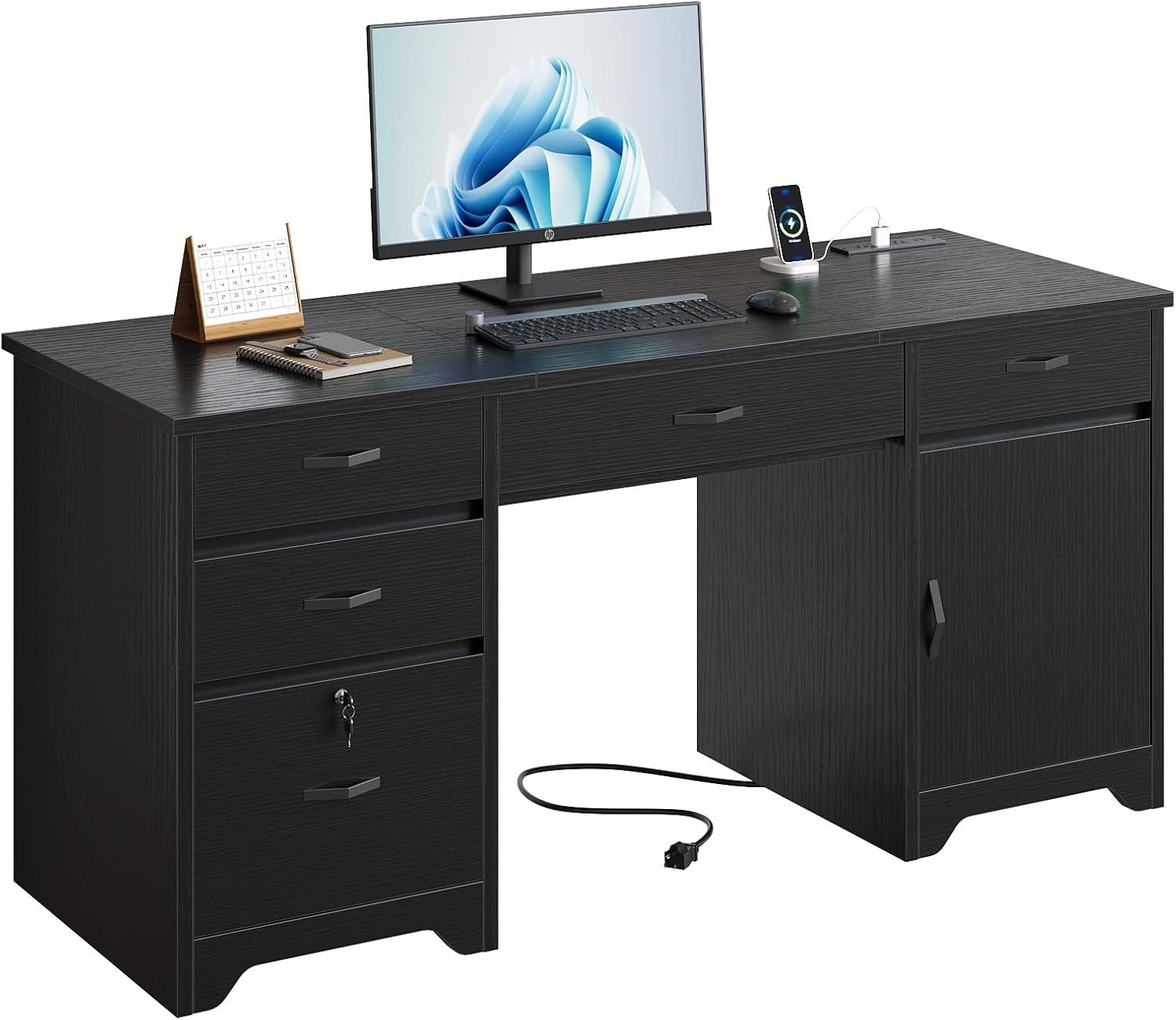 Bestier 59” Office Desk with Lockable Drawers, Modern Computer Desk with File Drawer, Charging Station & Drop-Front Keyboard Drawer, Executive Desk with Storage Cabinet for Home Office & Studio, Black