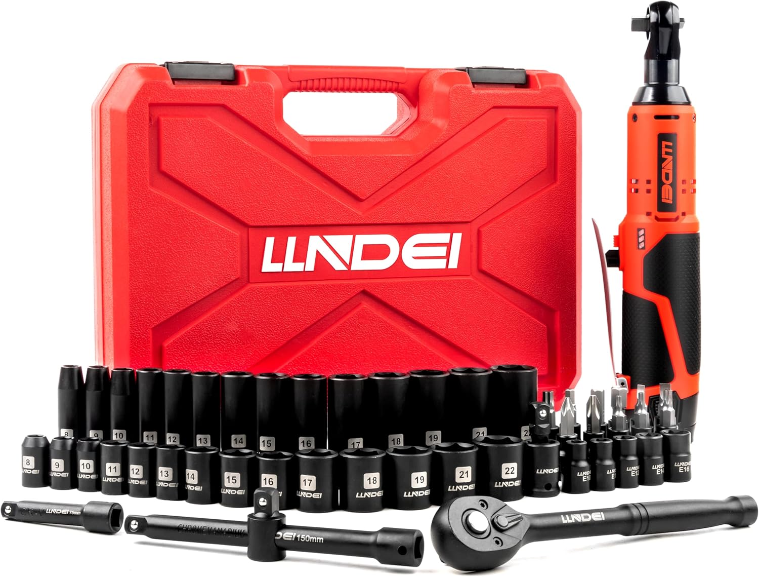 LLNDEI Cordless Electric Ratchet Wrench Set with Socket Set, 3/8" Ratchet, 40FT-LBS with Adjustable Speed, 1 Pack 2000mAh Lithium-Ion Battery and Charger, 52pcs