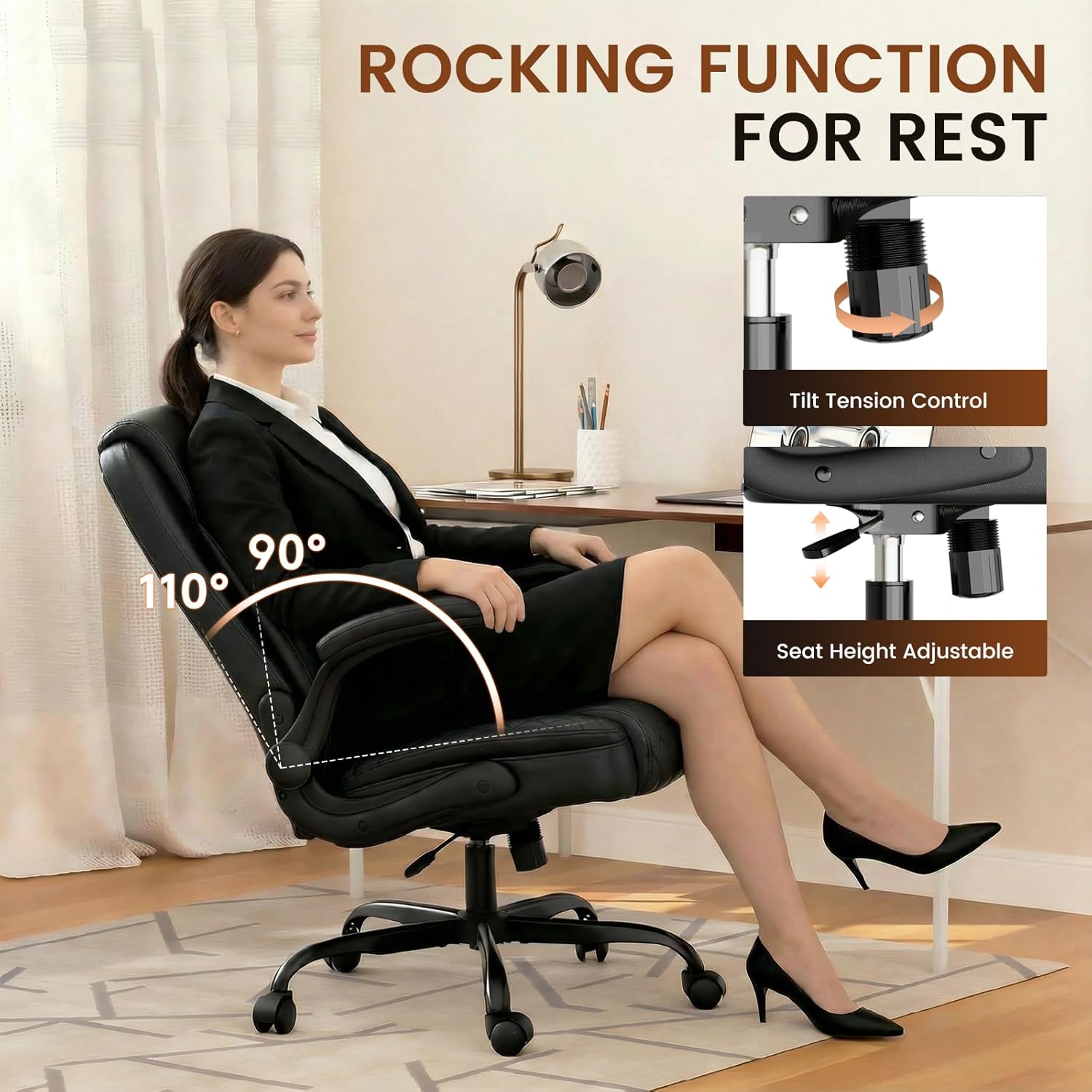 GTPLAYER Leather Office Chair, Home Desk Chair with Flip-up Arms and Ergonomic Back - Comfy Heavy Duty Executive Chair for Home Office Gaming, Charcoal Black