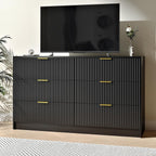 Black Dresser with 6 Deep Drawers, 55” Wide Fluted Dresser for Bedroom with Gold Handle, Modern Chest of Drawer for Closet, Bedroom, Living Room, Black