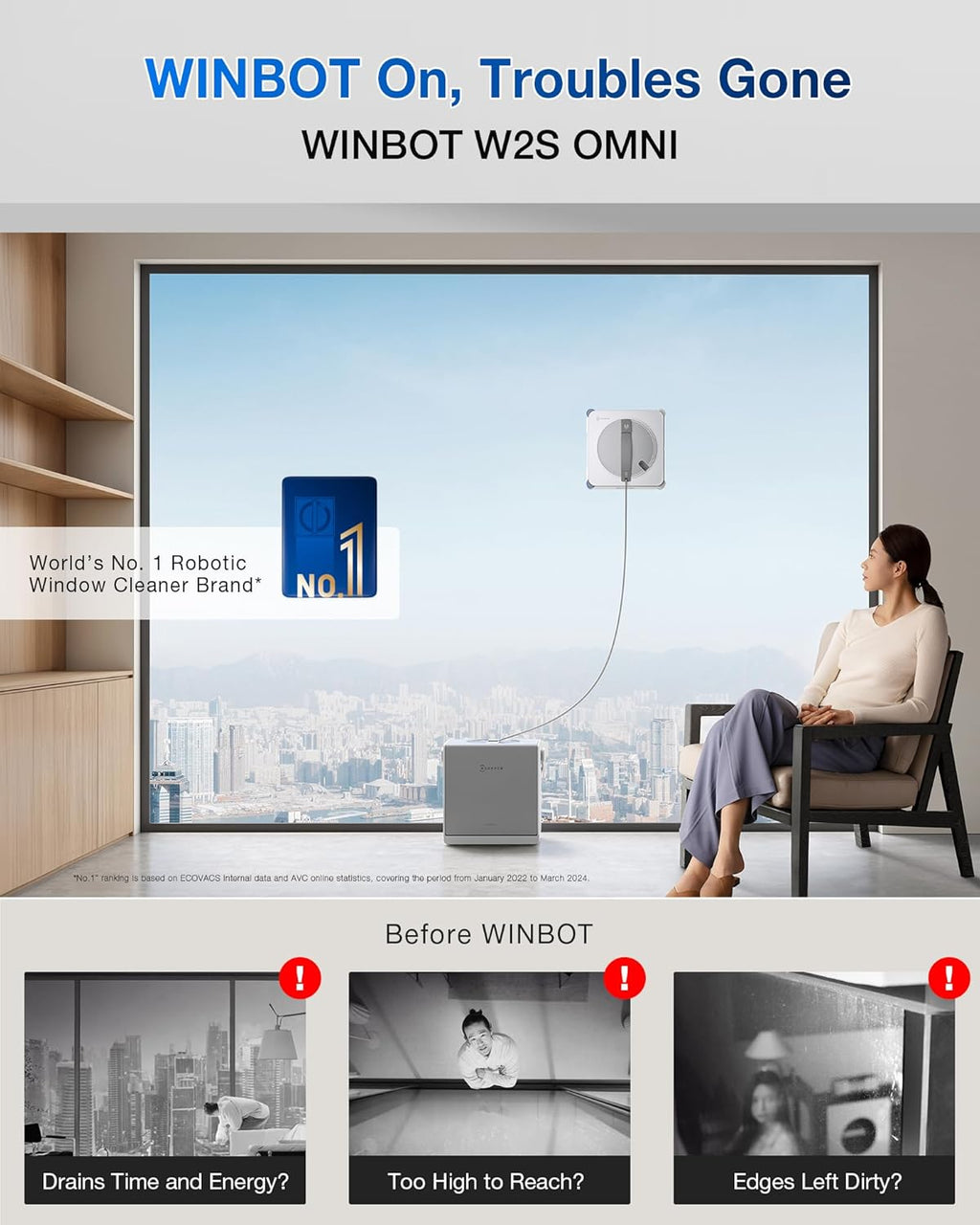 ECOVACS WINBOT W2S Omni Window Cleaning Robot, with 6-in-1 Multifunction Station, TruEdge Edge-to-Edge Precision, Triple Wide-Angle Spray Nozzles, 12-Level Safety System, Dual Power Modes