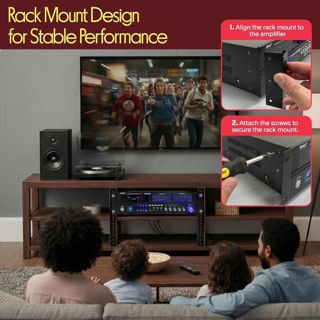 Pyle Bluetooth Hybrid Home Amplifier - 6-Channel 2000W Rack Mount Power Amplifier Receiver w/ Radio - Dual 10 Band EQ  Karaoke Microphone x2  USB  RCA  COAX  OPT  DVD Inputs  HiDef Input and Output