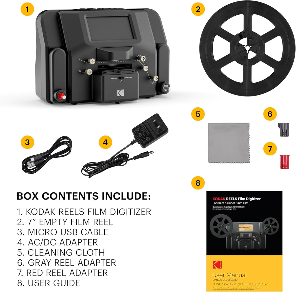 KODAK REELS 8mm & Super 8 Films Digitizer Converter with Big 5” Screen  Scanner Converts Film Frame by Frame to Digital MP4 Files for Viewing  Sharing & Saving on SD Card for 3” 4” 5” 7” and 9” Reels