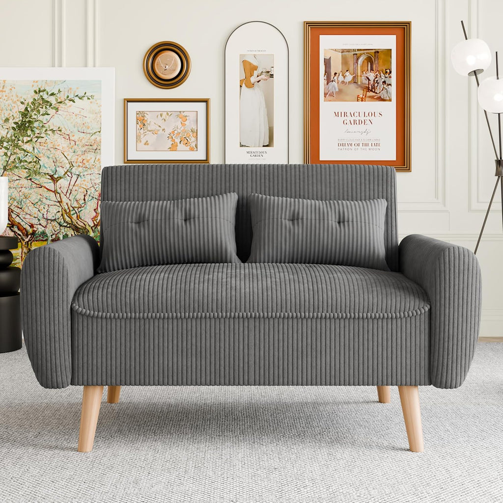 Vongrasig 48" Small Modern Loveseat Sofa, Mid Century Soft Corduroy Fabric 2-Seat Sofa Couch Tufted Love Seat with Back Cushions and Tapered Legs for Living Room, Bedroom and Small Space (Dark Gray)