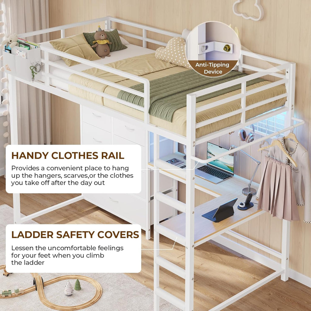 DICTAC Twin Size Loft Bed with L-Shaped Desk and 7 Storage Drawers,Metal Twin Loft Bed for Kids with LED Lights and Charging Station,13.11" H Safety Guardrail and Ladder,No Box Spring Needed, White