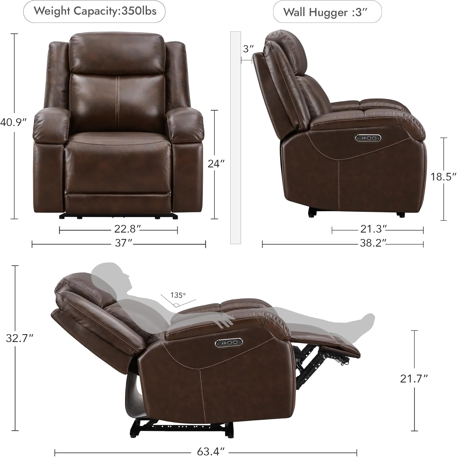 Watson & Whitely Genuine Leather Power Recliner Chairs for Adults, Wall Hugger RV Recliner with Power Headrest & Charging Ports, Electric Recliner Sofa Chair for Living Room, Dark Brown
