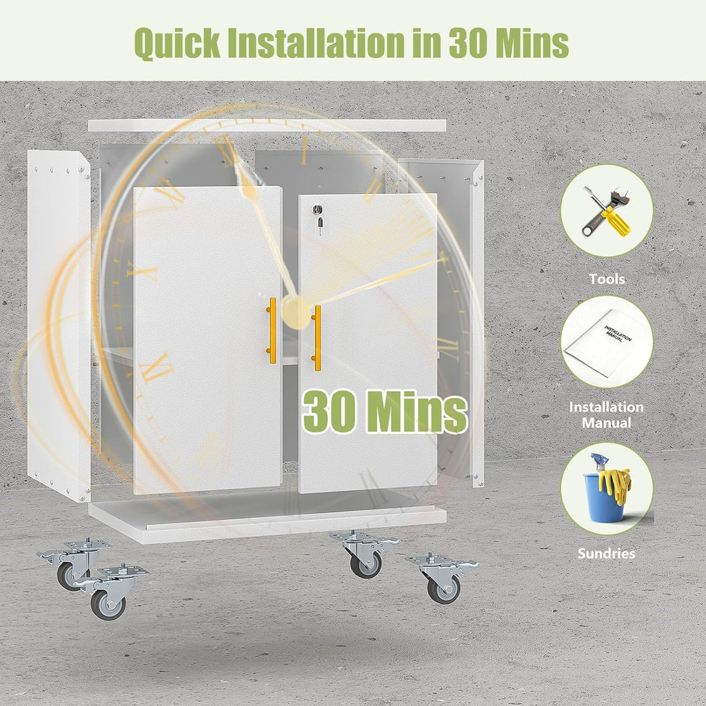 Metal Storage Cabinet with Wheels,Rolling Tool Cabinets with Doors and Adjustable Shelves,Lockable Garage Storage Cabinet,Heavy Duty Tool Chest for Home Office Utility Room,Assembly Required,White