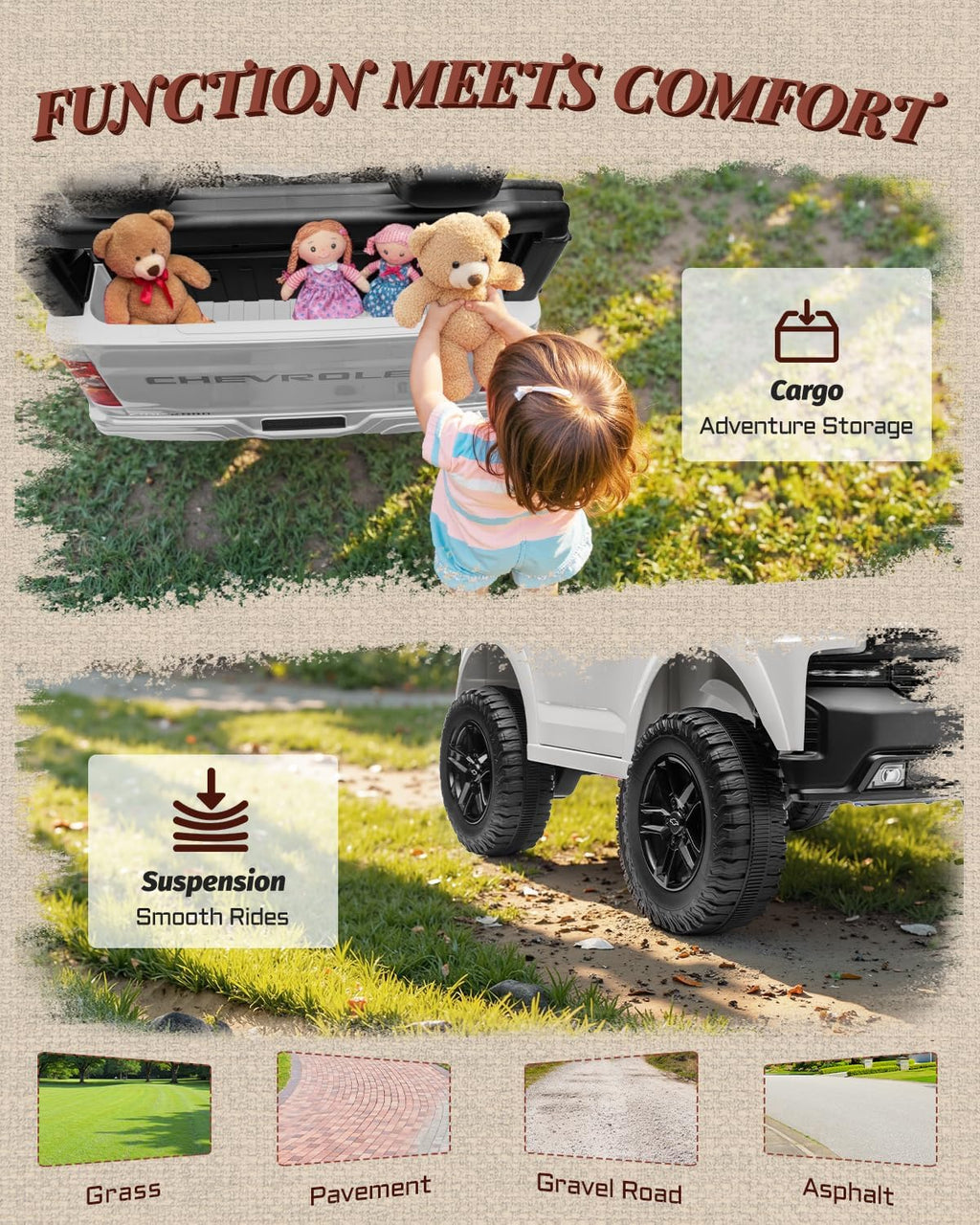 First Ride On 24V 2 Seater Ride on Car for Kids  Licensed Chevrolet Silverado Electric Car for Kids with Remote Control  Toddler Car with Bluetooth  LED Lights  Seat Belts and Spacious Design (White)