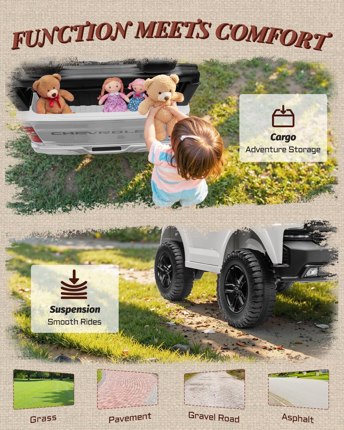 First Ride On 24V 2 Seater Ride on Car for Kids  Licensed Chevrolet Silverado Electric Car for Kids with Remote Control  Toddler Car with Bluetooth  LED Lights  Seat Belts and Spacious Design (White)