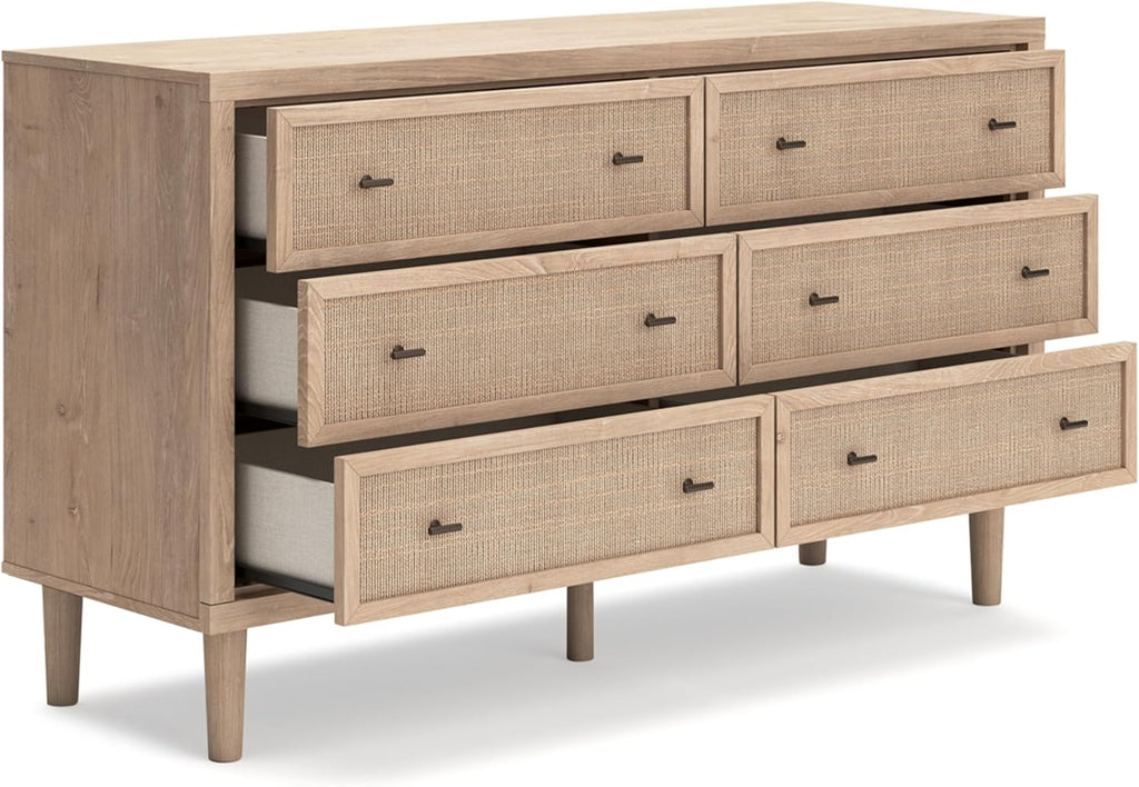 Signature Design by Ashley Cielden Coastal 6-Drawer Dresser, Bronze-Tone Knobs, Safety Stop, Textured Cane Details, 62.01" W x 19.65" D x 35.67" H, Light Brown