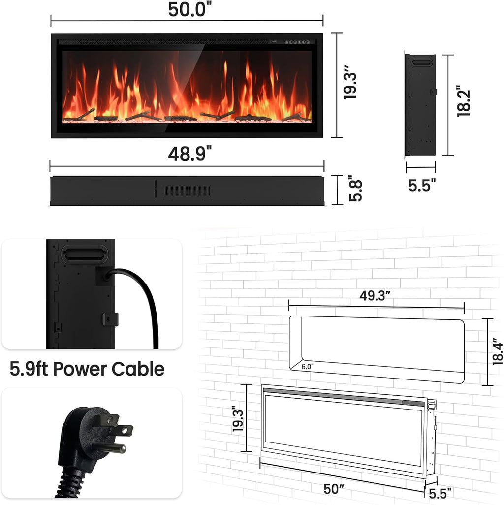 50” Smart Electric Fireplace with Voice Control, Realistic Flame, Crackling Sound, Wall Mounted or Recessed Fireplace Insert, App/Remote Control, Logs & Crystals Included for Living Room,Bedroom
