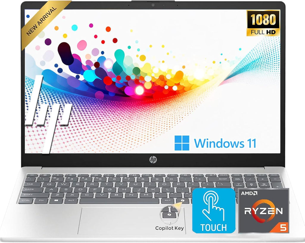 HP Touchscreen 15.6" FHD Business Laptop Computer | 2026 Edition | AMD Ryzen 5 (Up to 4.3GHz) | 8GB DDR5 RAM  256GB PCIe SSD | AI Copilot Key | Windows 11 with Office 365 for The Web • w/o Mouse