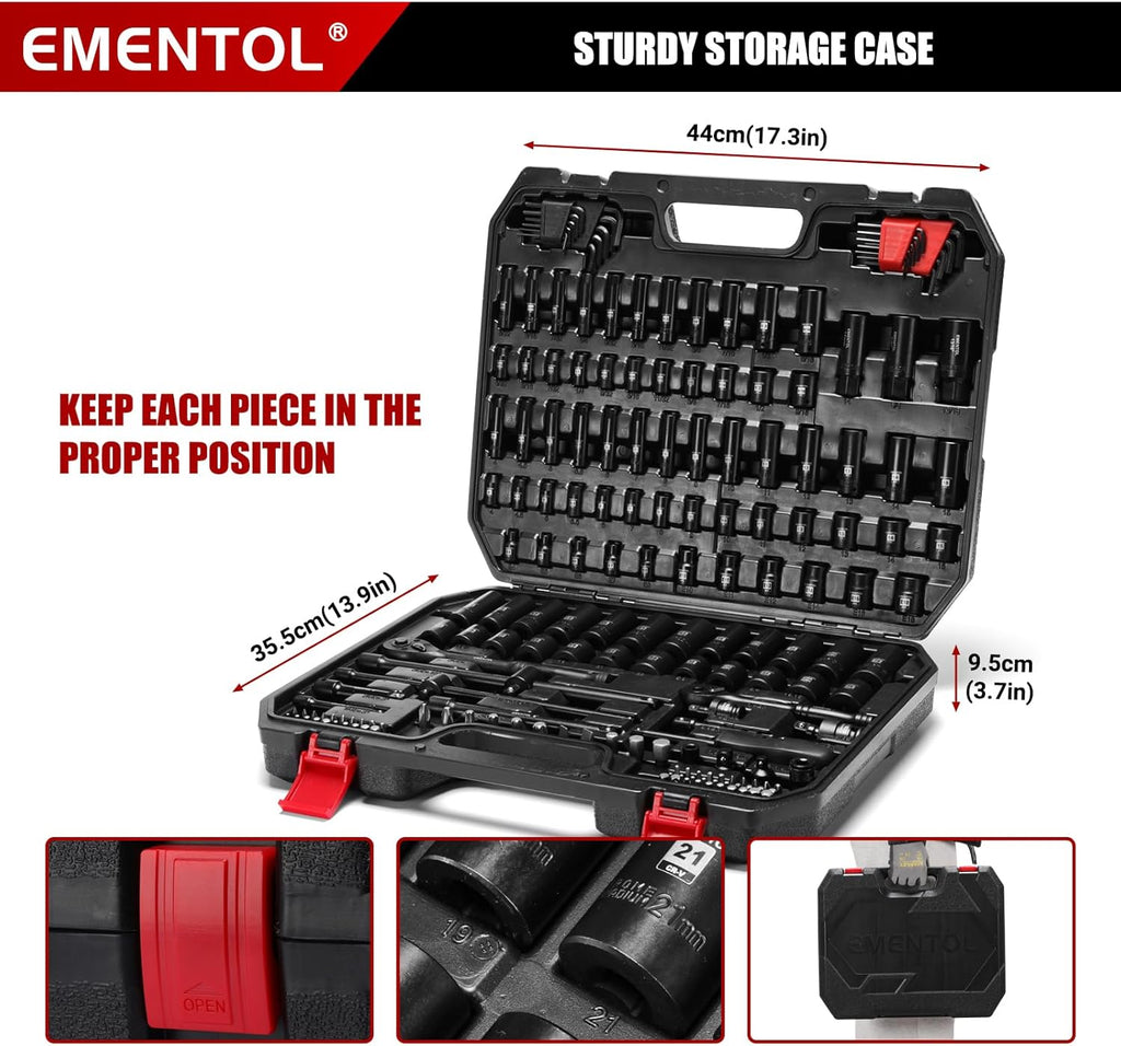 EMENTOL 189-Piece Impact Socket Set, 1/4" & 3/8" Drive Metric and SAE Sizes, CR-V Steel, Includes Deep & Shallow Sockets, Ratchets, Bits, Extensions, Spark Plug Socket & More, with Plastic Tool Case