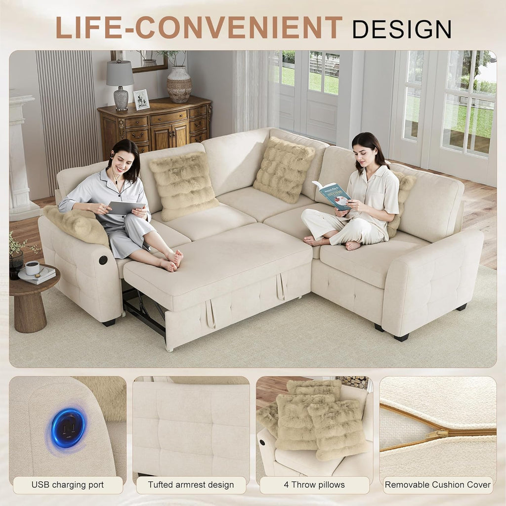 Hanherry Sectional Couch with Pull Out Sofa Bed,Chenille Sleeper Sofa with 2 Seat Storage & USB Charging,Comfy L Shaped Modular Couches for Living Room,Apartment