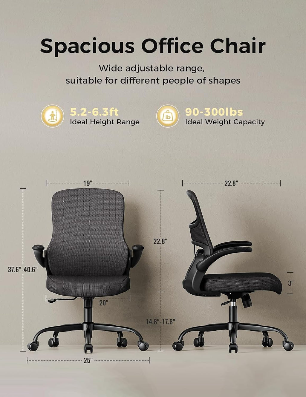 Office Chair, Mesh Ergonomic Desk Chairs, Comfy Computer Gaming Chair with Adjustable Height & Flip-up Armrest, Lumbar Support & Swivel Function for Home Office (Black)