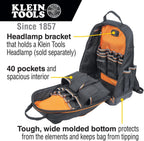 Klein Tools 62800BP Backpack Tool Bag, Tradesman Pro Extra-Large 40-Pocket Electrician Jobsite Backpack with Molded Bottom, Charging Port