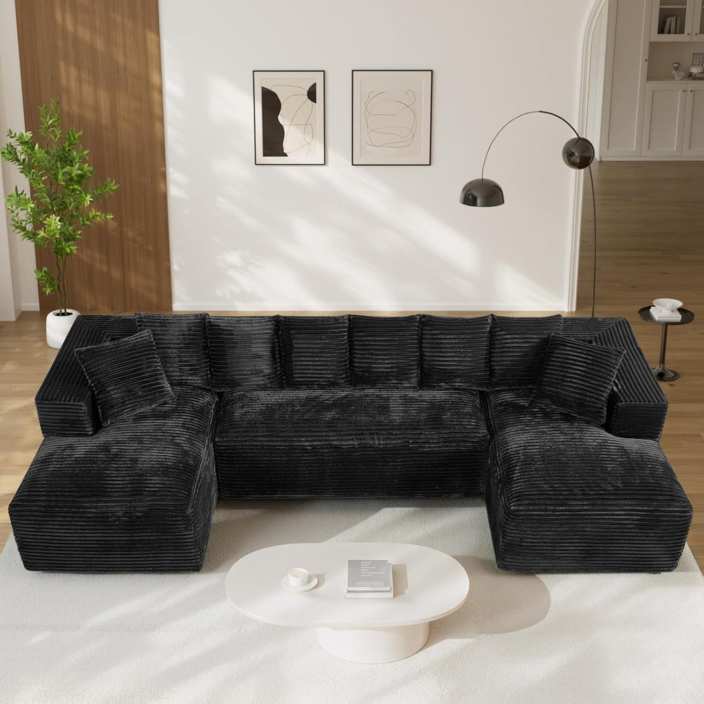 131" Oversized U Shaped Cloud Sectional Couches for Living Room, Comfy Fluffy Corduroy Black Boneless Sectionals Couch, Plush Memory Foam Modular Sectional Sofa with Double Chaise- 20" High Seat