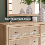 Signature Design by Ashley Cielden Coastal 6-Drawer Dresser, Bronze-Tone Knobs, Safety Stop, Textured Cane Details, 62.01" W x 19.65" D x 35.67" H, Light Brown