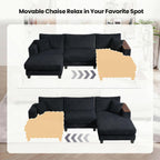 114.5" Corduroy Sectional Sofa with Armrest Storage & Reversible Chaise, Comfy L Shaped Sofa 4 Seat Sectional Couch, Modern Upholstery Couch with Removable Covers, for Living Room, Apartment, Black