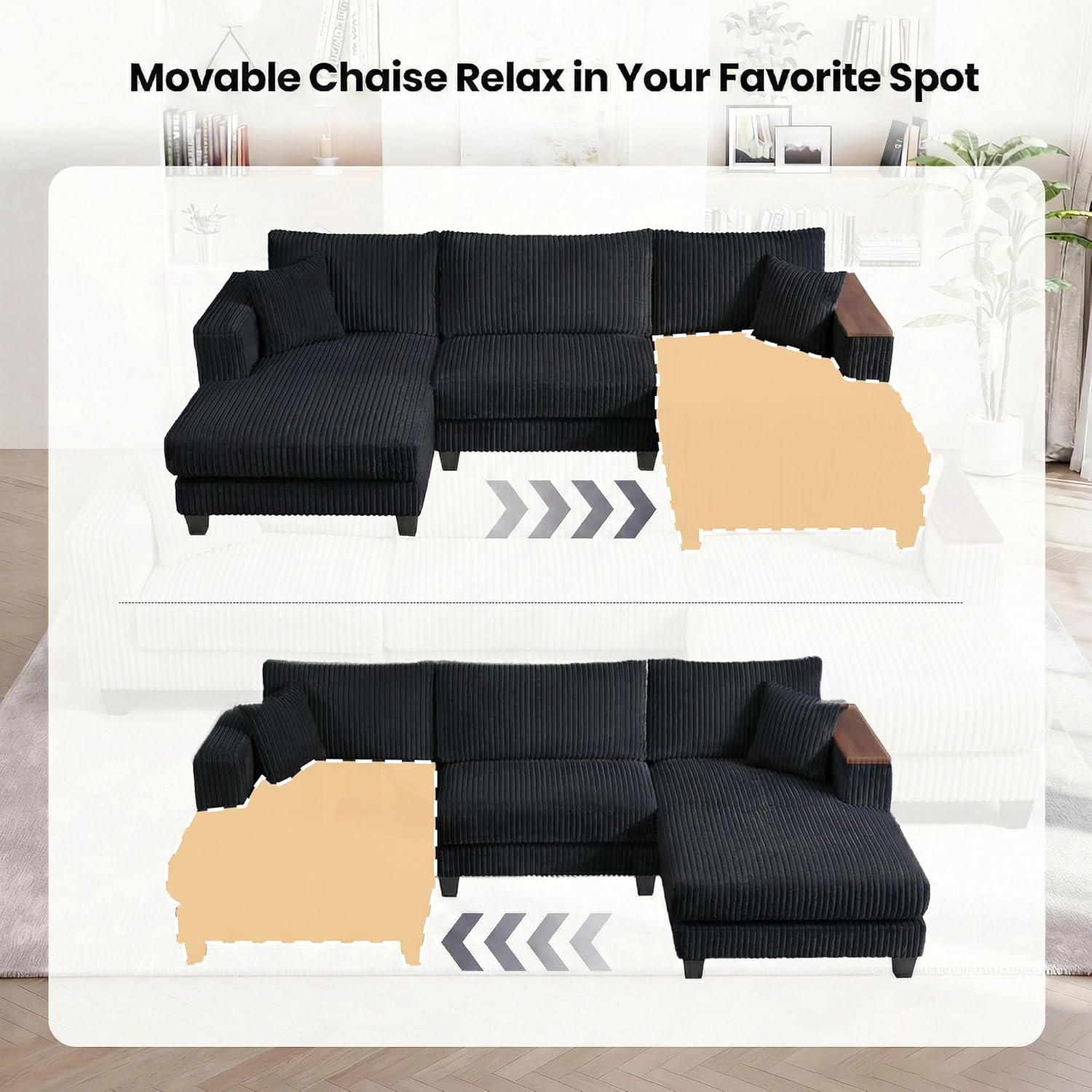 114.5" Corduroy Sectional Sofa with Armrest Storage & Reversible Chaise, Comfy L Shaped Sofa 4 Seat Sectional Couch, Modern Upholstery Couch with Removable Covers, for Living Room, Apartment, Black