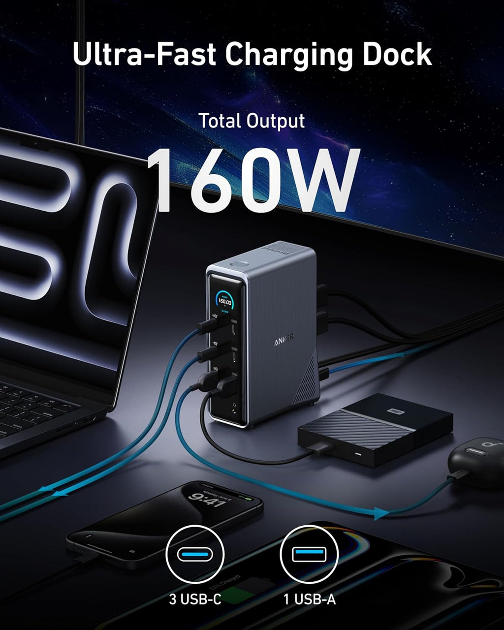 Anker Prime Docking Station  14-Port with 160W Max Output  10Gbps Fast Data Transfer  Real-Time Smart Interface  Audio and Ethernet Ports  Dual 4K Displays for Dell  HP  Lenovo and More